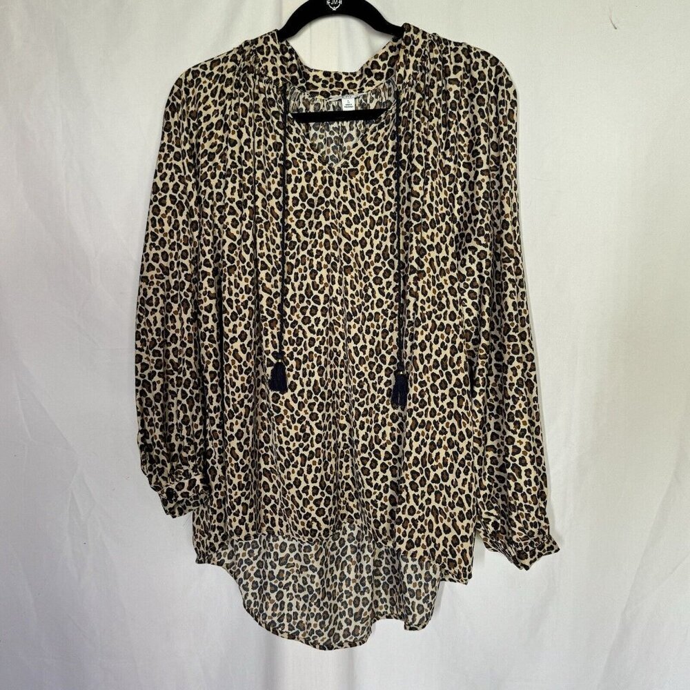 Women's Crown Ivy Curvy Blouse Brown Beige Leopard Tassel‎ Boho Flowy Popover L